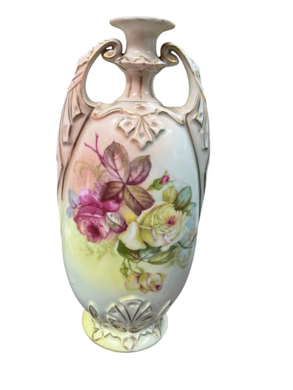 Antique Art Nouveau hand painted floral porcelain blush beige 9.5